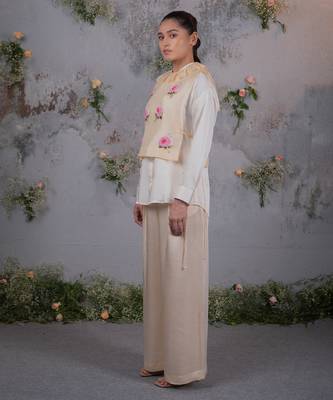 Beige embroidered satin co ord set 3