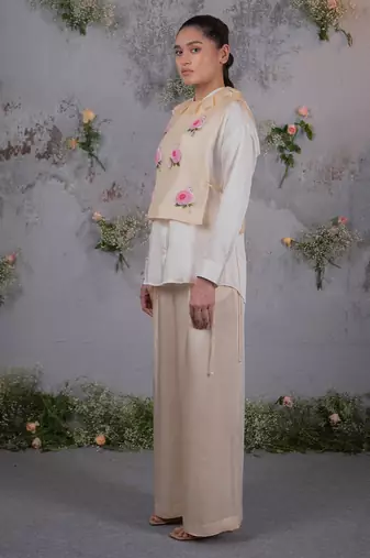 Beige embroidered satin co ord set