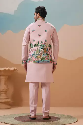 LIGHT PINK VISCOSE SILK THREAD & SEQUINS EMBROIDERED WORK WEDDING FESTIVAL PARTY WEAR STRAIGHT KURTA WITH JACKE AND PANT