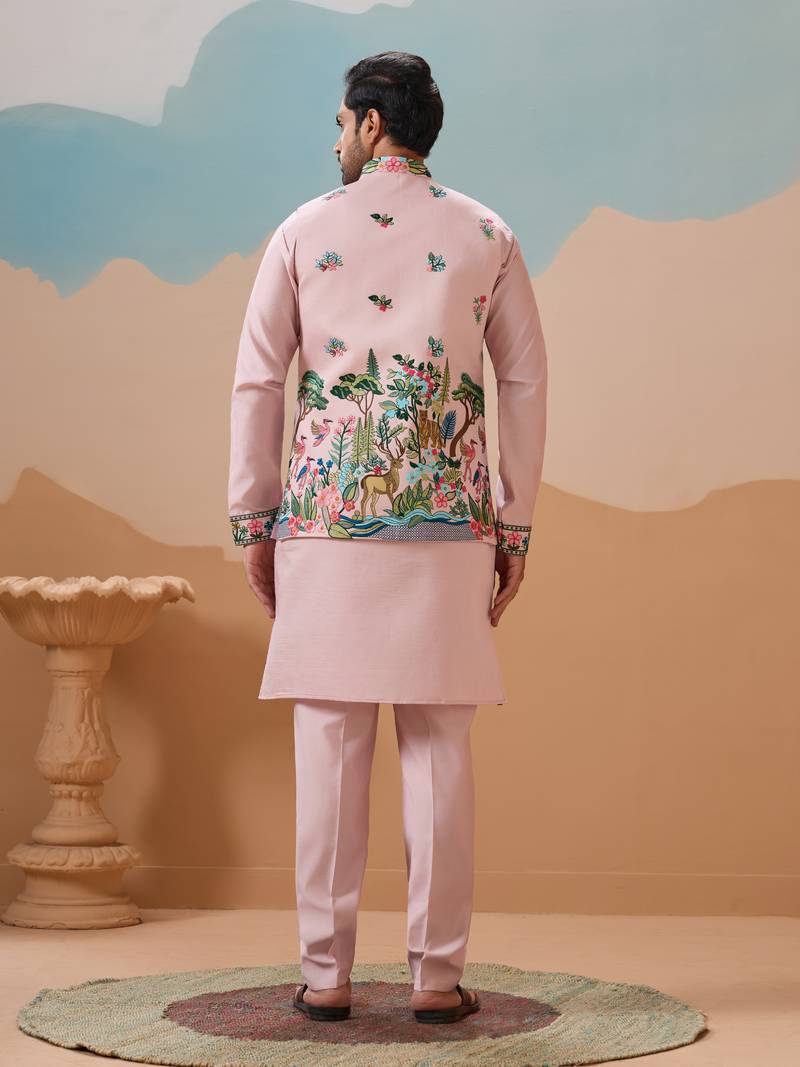 Light pink viscose silk thread & sequins embroidered work wedding festival party wear straight kurta with jacke and pant