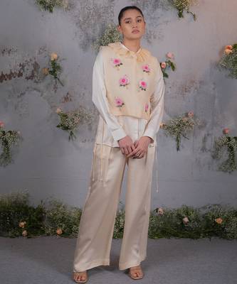 Beige embroidered satin co ord set 1