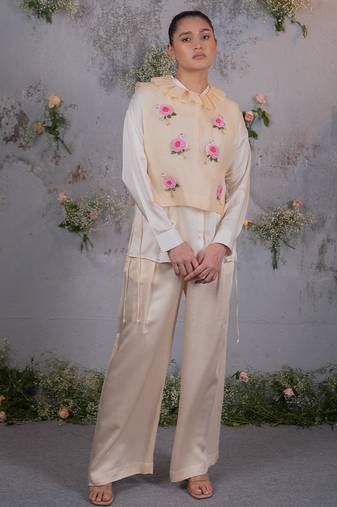 Beige embroidered satin co ord set