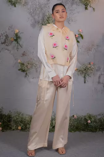 Beige embroidered satin co ord set