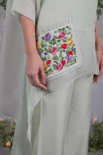 Green embroidered organza co ord set