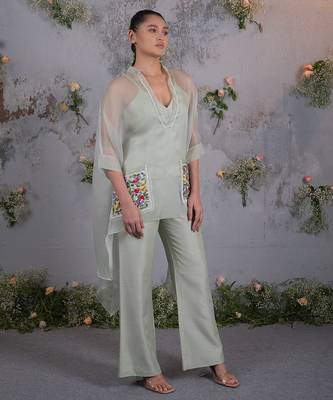 Green embroidered organza co ord set 1