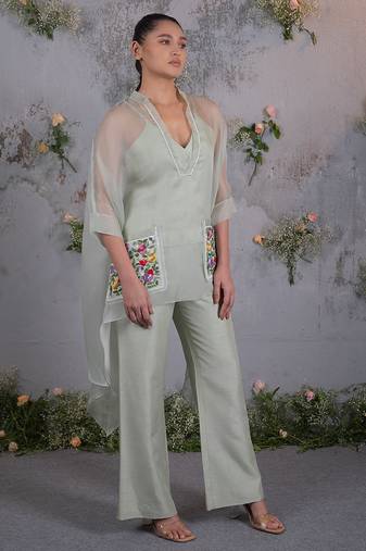 Green embroidered organza co ord set