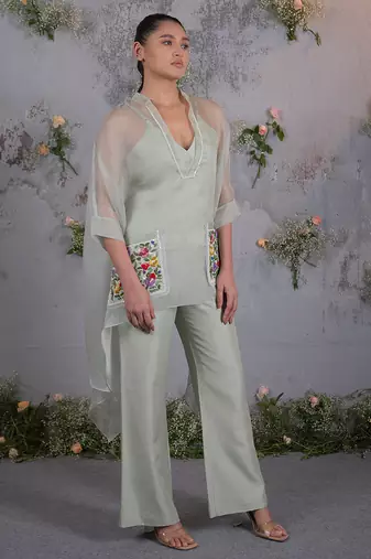 Green embroidered organza co ord set