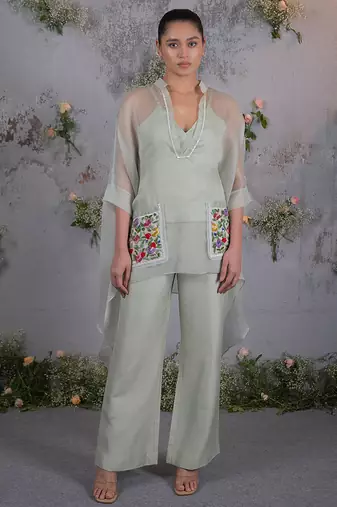 Green embroidered organza co ord set