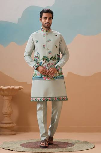 Pista green viscose silk thread sequins embroidered work wedding festival party wear straight kurta with jacke and pant