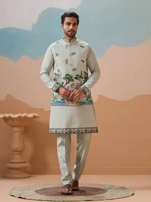 PISTA GREEN VISCOSE SILK THREAD SEQUINS EMBROIDERED WORK WEDDING FESTIVAL PARTY WEAR STRAIGHT KURTA WITH JACKE AND PANT 1