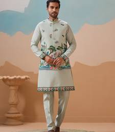 PISTA GREEN VISCOSE SILK THREAD SEQUINS EMBROIDERED WORK WEDDING FESTIVAL PARTY WEAR STRAIGHT KURTA WITH JACKE AND PANT