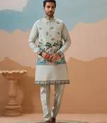 Pista green viscose silk thread sequins embroidered work wedding festival party wear straight kurta with jacke and pant