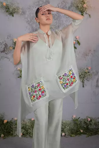 Green embroidered organza co ord set