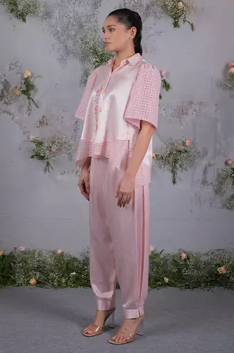 Pink embroidered silk co ord set