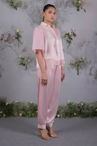 Pink embroidered silk co ord set