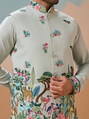 PISTA GREEN VISCOSE SILK THREAD SEQUINS EMBROIDERED WORK WEDDING FESTIVAL PARTY WEAR STRAIGHT KURTA WITH JACKE AND PANT 3