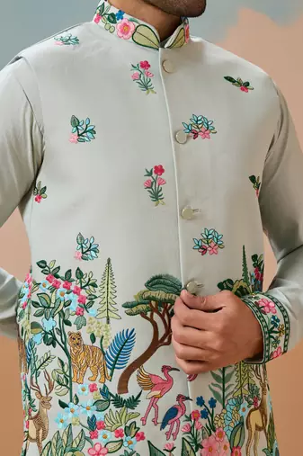 PISTA GREEN VISCOSE SILK THREAD SEQUINS EMBROIDERED WORK WEDDING FESTIVAL PARTY WEAR STRAIGHT KURTA WITH JACKE AND PANT