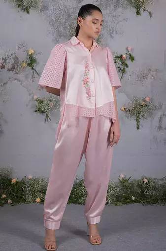Pink embroidered silk co ord set