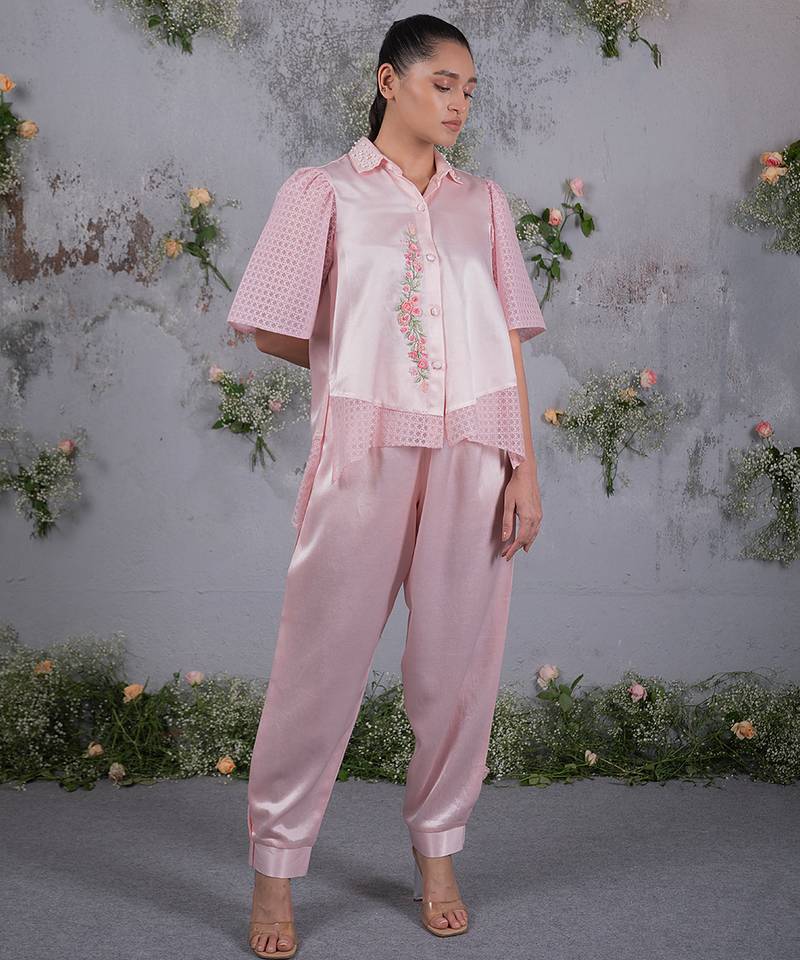 Pink embroidered silk co ord set