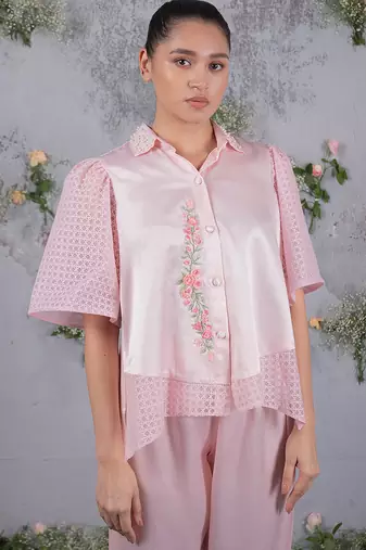 Pink embroidered silk co ord set