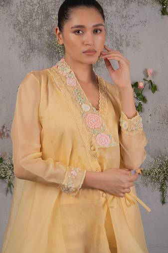 Yellow embroidered satin co ord set