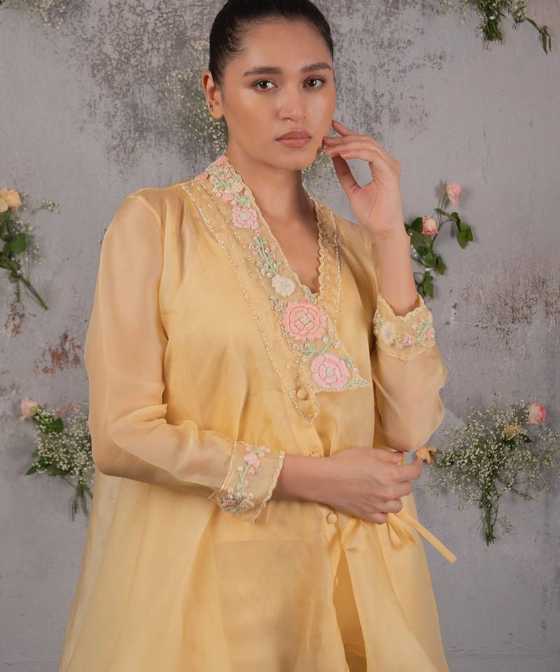 Yellow embroidered satin co ord set