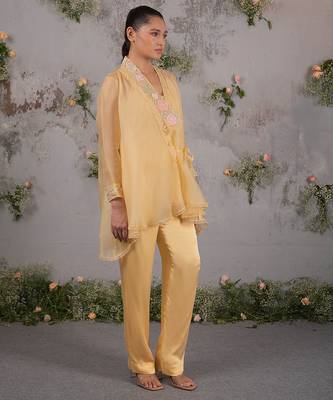 Yellow embroidered satin co ord set 3
