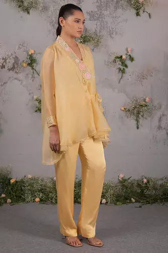 Yellow embroidered satin co ord set