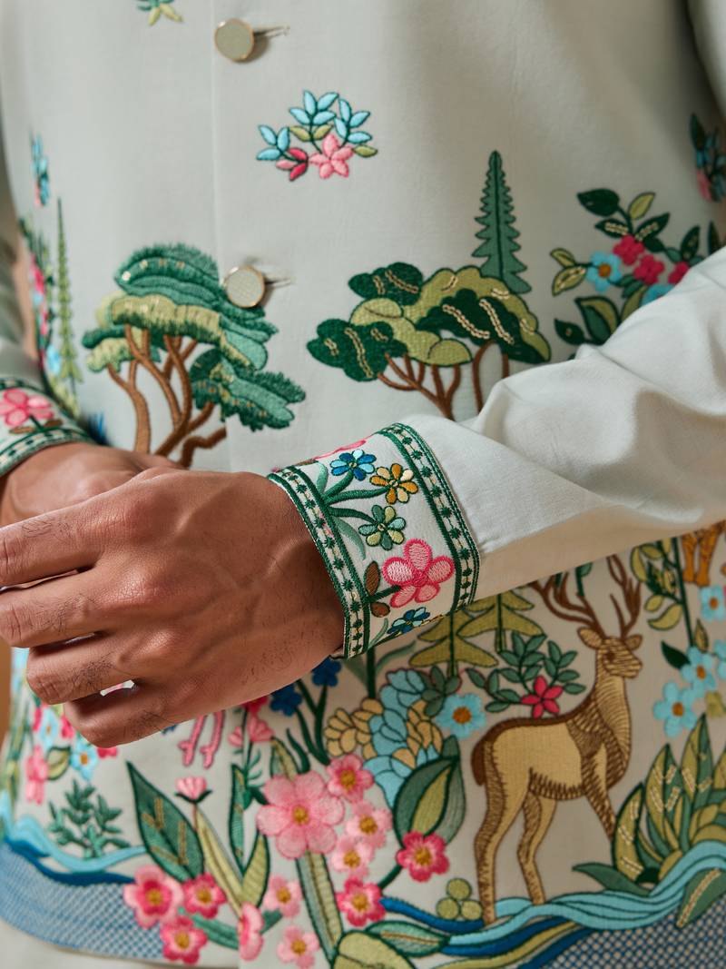 Pista green viscose silk thread sequins embroidered work wedding festival party wear straight kurta with jacke and pant