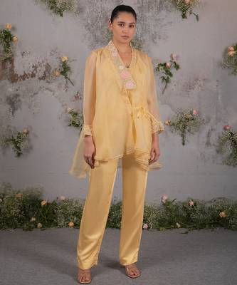 Yellow embroidered satin co ord set 1
