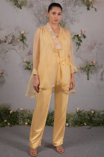 Yellow embroidered satin co ord set