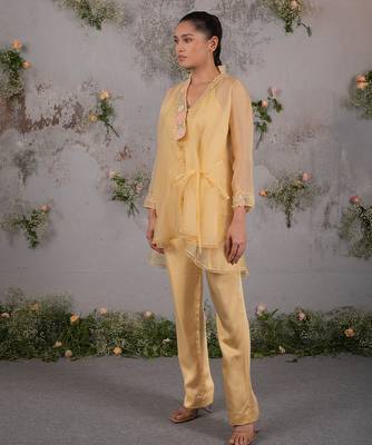 Yellow embroidered satin co ord set 4