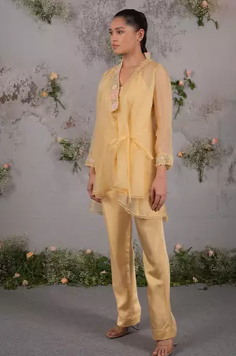 Yellow embroidered satin co ord set