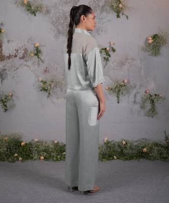 Green embroidered silk co ord set 2