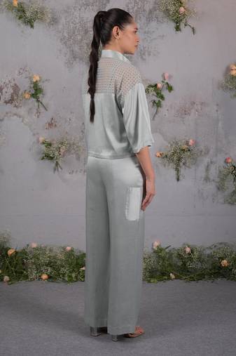 Green embroidered silk co ord set