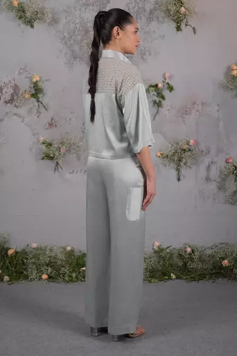 Green embroidered silk co ord set