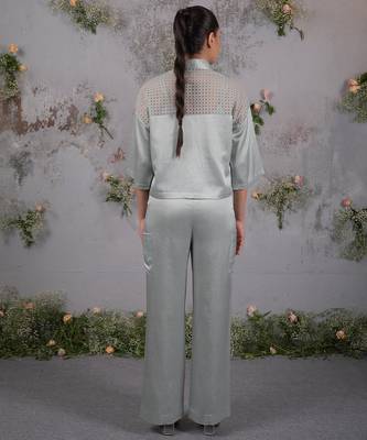Green embroidered silk co ord set 3