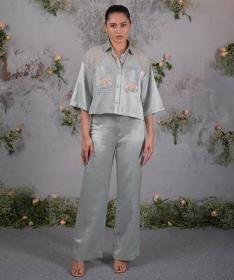 Green embroidered silk co ord set 1