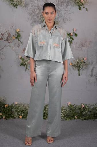 Green embroidered silk co ord set