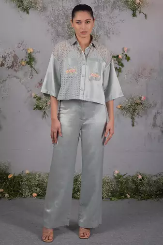 Green embroidered silk co ord set