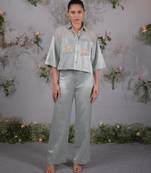 Green embroidered silk co ord set