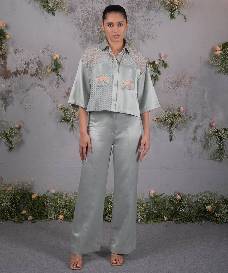 Green embroidered silk co ord set