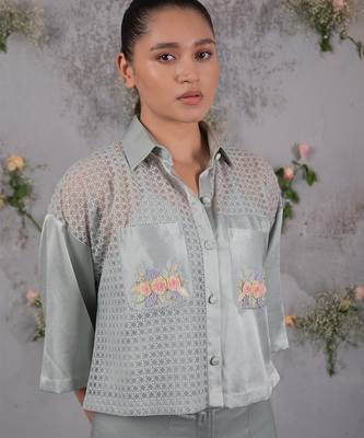 Green embroidered silk co ord set 4