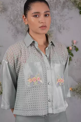 Green embroidered silk co ord set