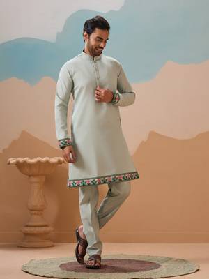 PISTA GREEN VISCOSE SILK THREAD SEQUINS EMBROIDERED WORK WEDDING FESTIVAL PARTY WEAR STRAIGHT KURTA WITH JACKE AND PANT 6