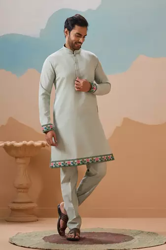 PISTA GREEN VISCOSE SILK THREAD SEQUINS EMBROIDERED WORK WEDDING FESTIVAL PARTY WEAR STRAIGHT KURTA WITH JACKE AND PANT