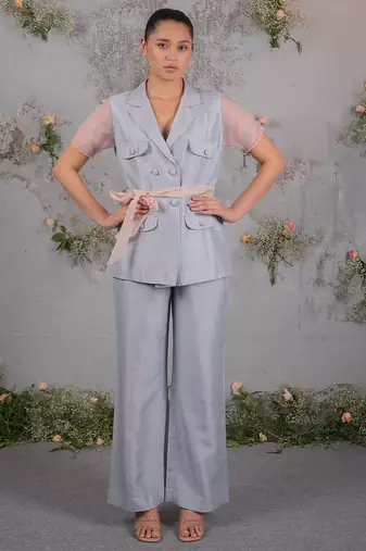 Blue embroidered organza co ord set