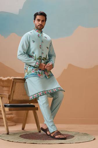 Sky blue viscose silk thread & sequins embroidered work wedding festival party wear straight kurta with jacke and pant