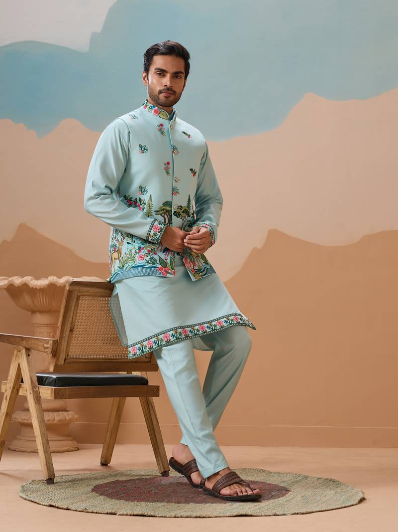 Sky blue viscose silk thread & sequins embroidered work wedding festival party wear straight kurta with jacke and pant