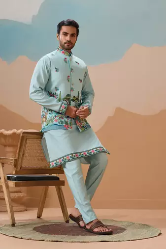Sky blue viscose silk thread & sequins embroidered work wedding festival party wear straight kurta with jacke and pant